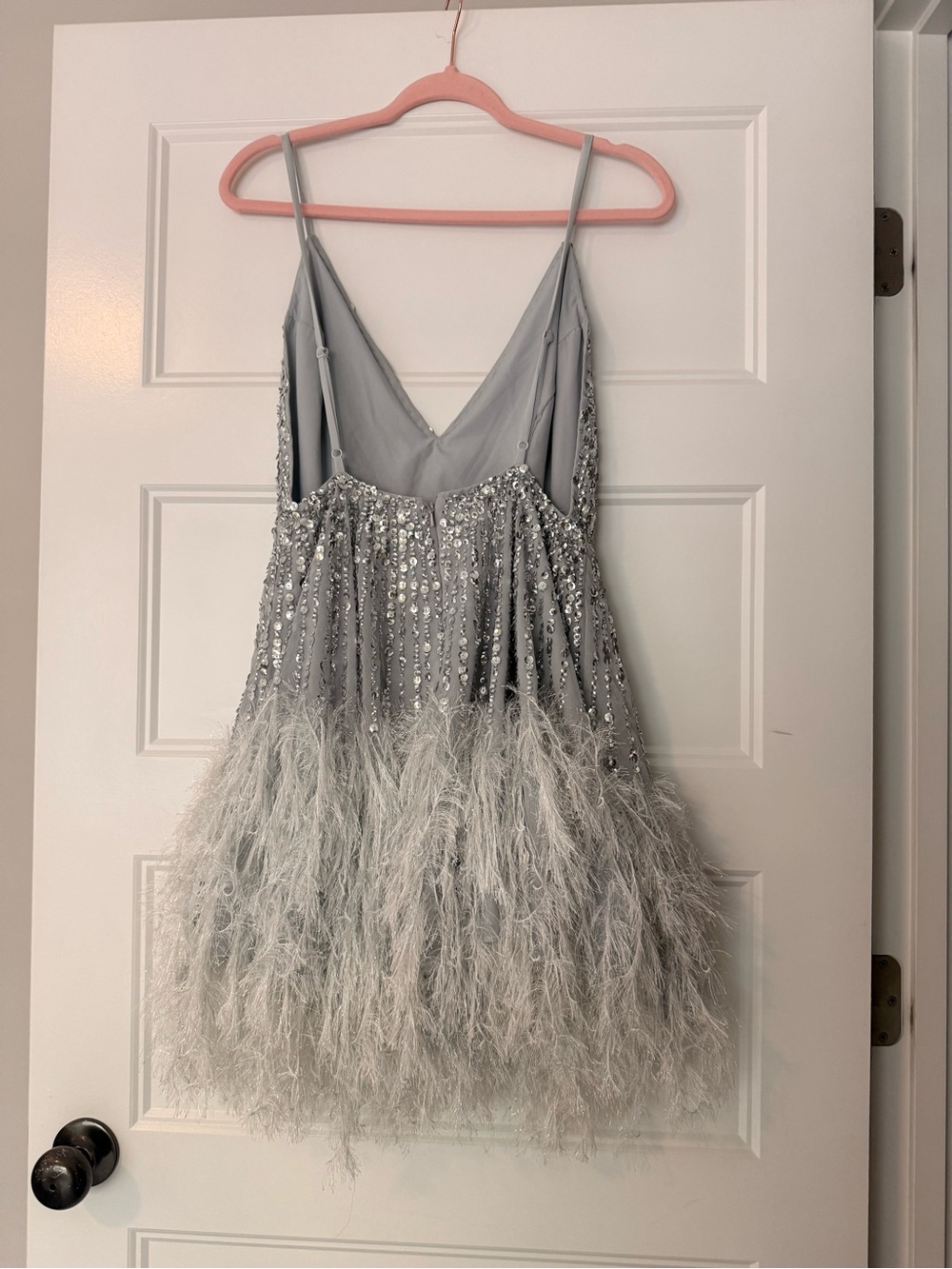 NWT ASOS Size 4 US Sequin Cami Mini Dress with Faux Feather Hem in Ice Blue - Picture 3 of 6